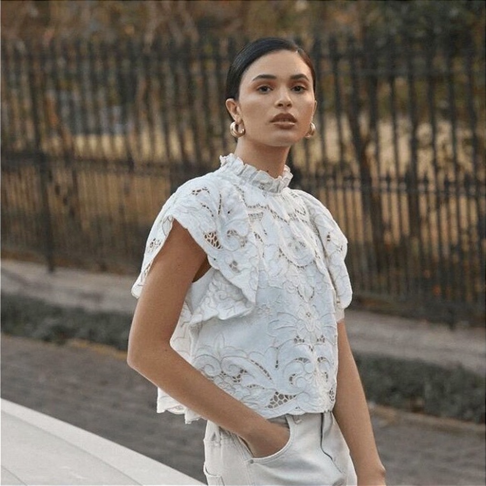 Anthropologie Lainie Blouse White Lace Cutwork Flutter Sleeve Linen Top XL NWT